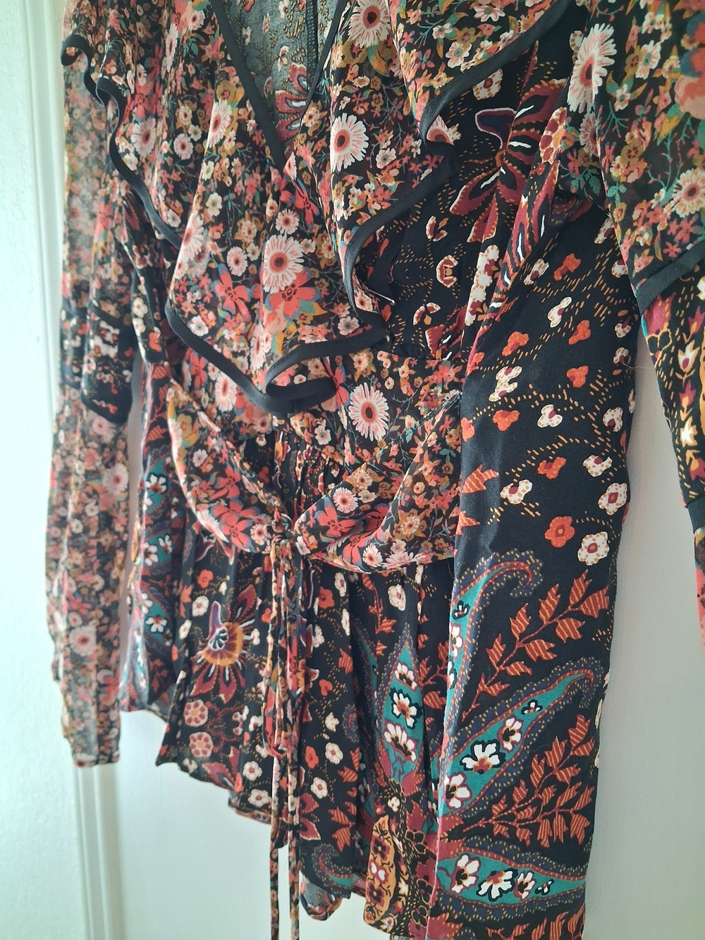 BCBGMaxAzria Black Floral Wrap Blouse with Bell Sleeves - Picture 5 of 6